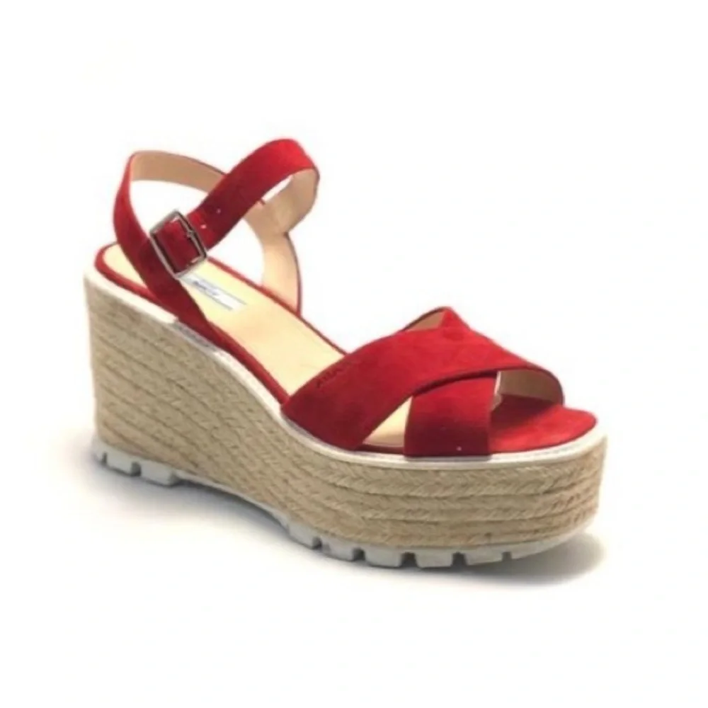 Prada Red Suede Espadrille Platform Sandals - Picture 2 of 11